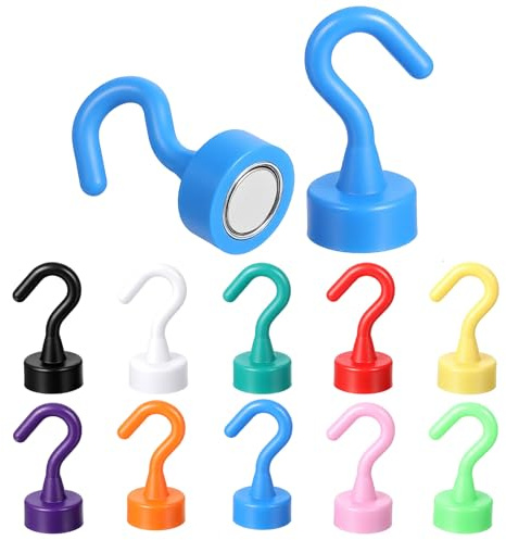 Wanmu Lot de 12 crochets magnétiques extra puissants - Sans perforation - Pour camping, casiers, atelier, vêtements (multicolore)