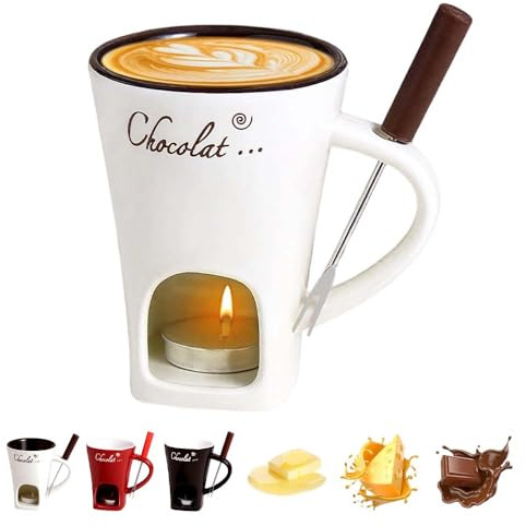 Schokofondue Tasse mit Gabel, 2025 Neu Fondue Tasse Schmelztopf für Weihnachtsplätzchen, Mehrzweck Chocolate Fondue Set für Käse, Schokolade, Butter und Karamell, Geschenke für Mama 200 ml (Weiß)