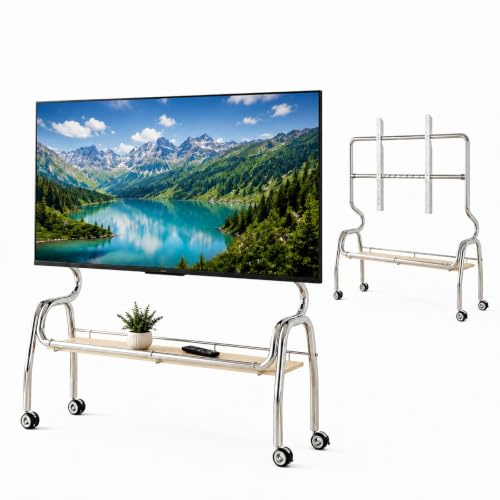 Portabel Mobil TV Vagn, Rullbart TV Stativ | Rostfritt Stål, Låsbara Hjul med Förvaringshylla för 32–75 Tums TV-apparater(Beige,90cm/35.4in)
