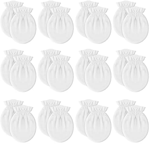 12 Pairs Newborn Baby Mittens,Unisex-Baby No Scratch Mittens,100% Cotton White Mittens for Baby 0-6 Months