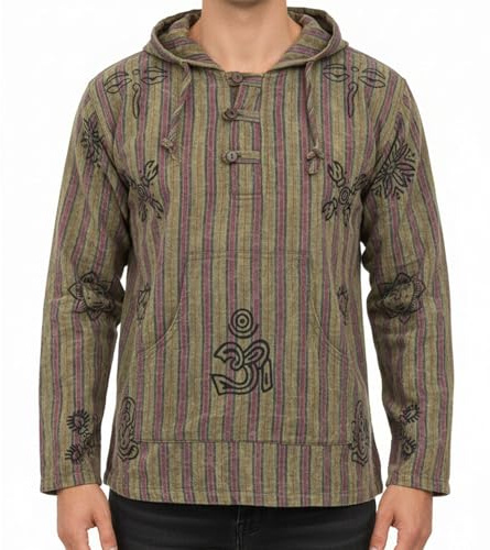 SHOPOHOLIC FASHION Män stentvättad randig hippy farfar skjorta, gRÖN, L