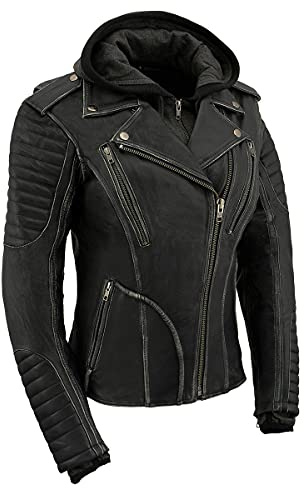 Milwaukee Leather MLL2516 Black Leather Rub-Off Leather Jacket with Hoodie for Women - Large