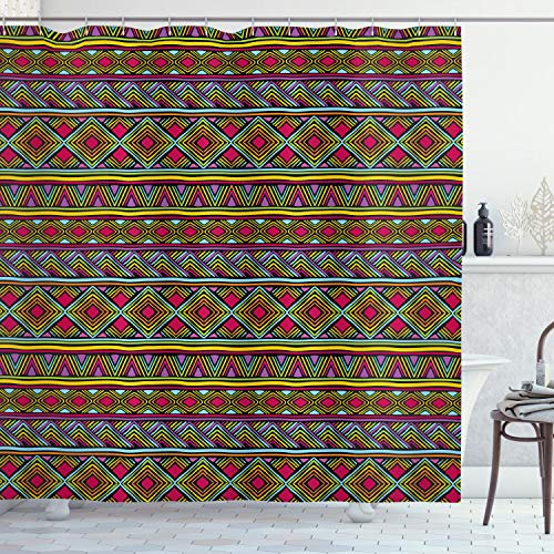 Ambesonne African Shower Curtain, Colorful Diamond Motifs with Angled Lines Lively Palette Geometric Borders, Cloth Fabric Bathroom Decor Set with Hooks, 69 W x 84 L, Multicolor