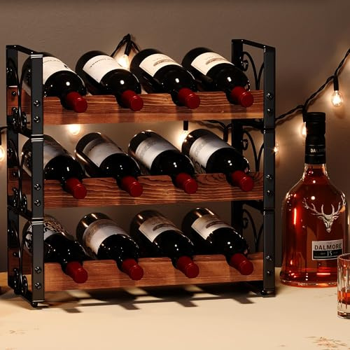 X-cosrack Wine Rack Countertop, 3-Tier 12 Bottles Small Wine Rack Stackable for Inside Cabinet, Solid Wood & Wrought Iron Wine Bottle Holder, Wine Storage Shelf for Kitchen Bar Dining Room