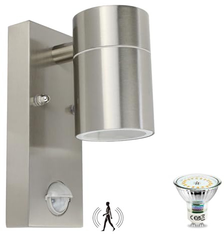 HiBay LED Aussenleuchten mit Bewegungsmelder 5W Wandleuchte Edelstahl GU10 Außenlampe PIR inkl. LED Warmweiß Lampe | Außenlampe PIR Sensor Wandlampe 230V Glas Edelstahl für Terrasse Eingang Garage Hof