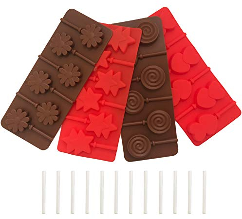 Set of 4 Silicone Lollipop Molds (Heart, Star, Round, Flower), TuNan 6-Cavity Molds Chocolate Hard Candy Jelly Fondant Mould with 12pcs Sucker Sticks - (Color Chocolate, Red)