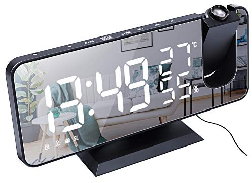 ThreeH Projektionswecker für Schlafzimmer Großes 7,4'' LED Spiegeldisplay & 4 Dimmer Radiowecker mit USB Aufladung 180° drehbar 2 Töne Schwarz-Weiß