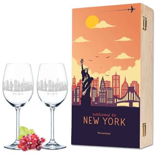 GRAVURZEILE Leonardo Weingläser mit Skyline New York Gravur als Set inkl. bedruckter Holzkiste Weingeschenk - Souvenir Andenken & Mitbringsel - Geburtstagsgeschenk für Sie & Ihn