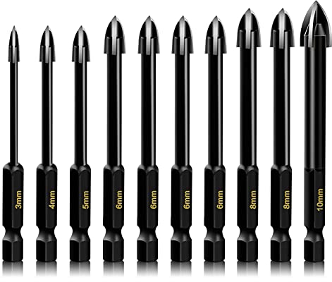 10 Pcs Glass Concrete Drill Bit Set, Masonry Drill Bits for Brick, Plastic and Wood, Hex Shank Tungsten Carbide Tip Drilling Tools for Mirror and Ceramic Tile on Concrete and Brick Wall (3-10mm)