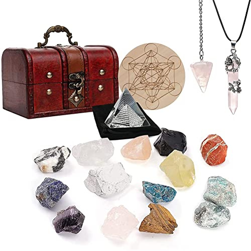 Kristalle und Heilsteine für Liebe anziehen, 28 Pcs Rosenquarz Kristalle Kit, Chakra Selbstliebe Heilung Kristall mit Geschenk Holzbox für Wicca Anfänger Reiki Yoga Meditation