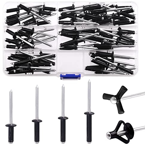 Keadic 80Pcs Blind Rivet Assortment Set, 4 Sizes Pop Rivets Black Tri-fold Exploding Pop Rivets (9/16, 3/4, 13/16, 1), Black Large Flange Blind Rivets Aluminum Pop Rivets for Metal Furniture