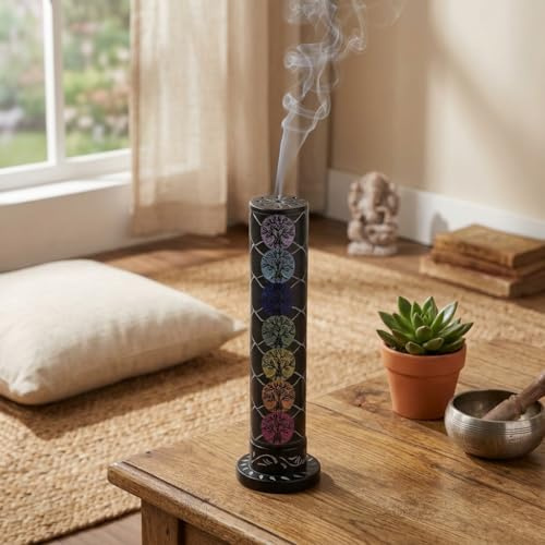 Ajuny Marmo Nero incenso brucia torre con Albero della vita Rotondo Pietra Ollare Con Raccoglitore Di Cenere per Tealight Candele Yoga Meditazione Profumo Decorazione Per La Casa Regalo (1,5 Pollici)