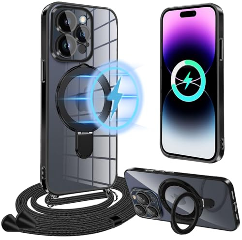 Magnetische Handykette Kompatibel mit iPhone 15 Pro Hülle mit Band, [Kompatibel mit MagSafe] Handyhülle mit Band für iPhone 15 Pro mit Ständer TPU Schutzhülle für iPhone 15 Pro Handykette mit Ring