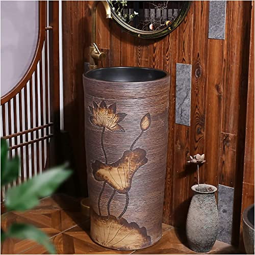 Vanity Unit with Basin,Bathroom Basin Sink with Full Pedestal, Pedestal Sink Handcrafted Ceramic wash Basin Pedestal washbasin Kaolin Clay Round Freestanding Sink with Drain & Fauc