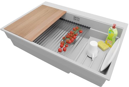 PRIMAGRAN Evier Cuisine en Granit Gris 78x53cm, Lavabo 1 bac + Kit de Vidage, Évier à Encastrer au Meuble 80cm - Oslo S099