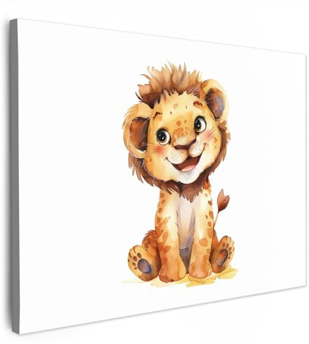 MuchoWow© Leinwand Bilder Wanddeko Kinderzimmer Aesthetic Room Decor Deko | 80x60 cm - Zimmer Wandbilder Modern Bild auf Wilde Tiere - Löwe - Kinder - Aquarell