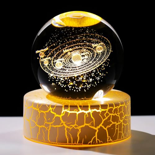Bola de cristal del sistema solar 3D de 2.36 pulgadas con base de luz cálida, globo de vidrio de 6 cm grabado, planeta, modelo espacial, universo, astronomía, regalos para hombres