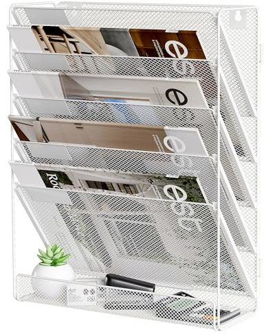 Solinxe Revistero Pared Metálico 6 Niveles - Organizador de Escritorio Documentos A4, Archivador Oficina con Bandeja, Porta Revistas y Carpetas Colgantes para Hogar/Escuela (Blanco)