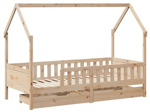 vidaXL Kinderbett, Hausbett mit Schubladen, Spielbett mit Rausfallschutz Lattenrost, Holzbett Bettgestell Kinderzimmer, 90x200cm Massivholz Kiefer