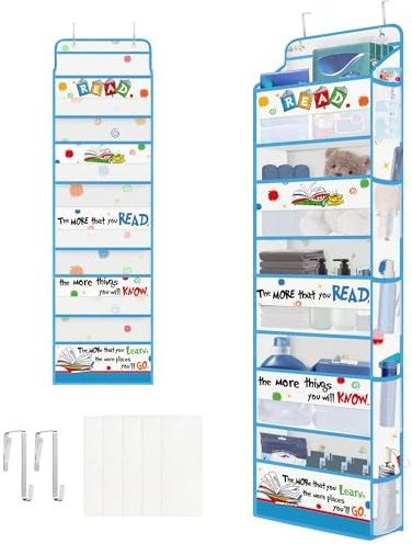 Clastyle Étagère Suspendue sur Porte de Livre Bleu à 5 Compartiments, Rangement Suspendu pour Jouets Couches Vêtements pour Enfants, Rangement Porte à Suspendre pour Chambre Salle de Bain Pantry
