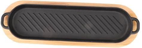 OFFSCH Plato De Hierro Fundido Para Asar Con Doble Asa y Base De Madera Resistente De Alta Conductividad Térmica Para Carne Pescado y Uso Doméstico Restaurantes y Hogares
