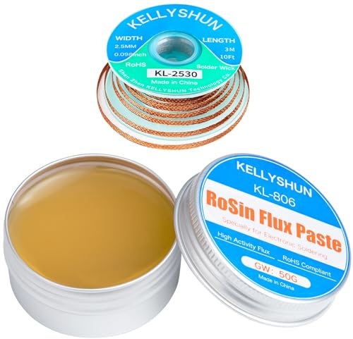 KELLYSHUN KL-806 Flussante Senza Piombo, 50g Flussante al Rosin ad Alta Attività (1 pezzo), Treccia Dissaldante 2.5MM/3M (1 pezzo), Per PCB, IC, SMD, DIY, Riparazioni di Fili e Elettrodomestici