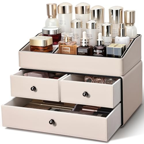 KINGFOM Schminktisch Organizer, 2-Stöckig Leather Make Up Kosmetik Organizer mit Schublade, Skincare Organizer für Schminktisch Zubehör, Beige