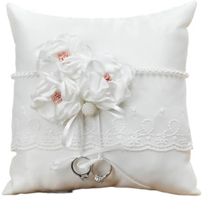 SynapSYA Ring Kissen FüR Hochzeit Trauringe Kissen Ringe Träger Kissen for Zeremonie Hochzeit Zubehör FüR RingträGer(with 3pcs Flowers)