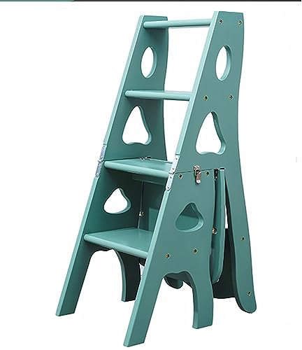 Wooden Folding Library Ladder Chair 3 in 1 Step Stool with Storage Display Multifunction Foldable Ladder for Home 331lbs Capacity Light Gray Green Color