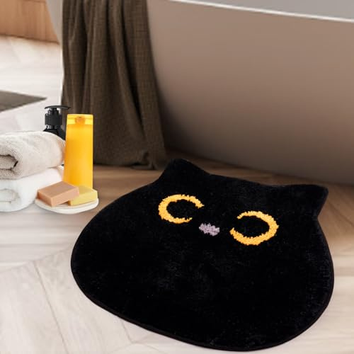 Yamepuia Badezimmerteppich,Schwarze Katze Badematte Mit Rutschhemmender Rückseite,rutschfest Waschbar Schwarze Bathroom Mat,Weich Absorbierende Katze Badezimmer Teppiche 55 X 67 cm