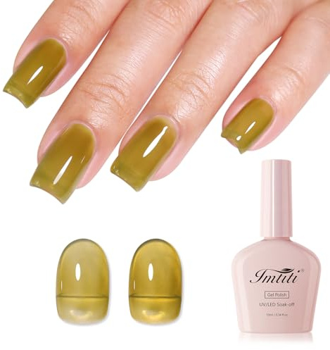 Imtiti Olive Green Jelly Gel Nail Polish, Army Green Sheer Translucent UV Gel Polish for Nail Art Soak off UV Led 10ML