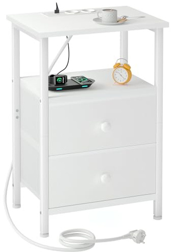 AMHANCIBLE Sängbord med laddningsstation, sidobord med tyglåda, soffbord med öppen hylla, med 2 USB-portar och 2 uttag, nattduksbord för sovrum, vardagsrum, vit HETS020WT-1