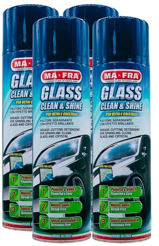 Pulitore Sgrassante Spray Glass CLEAN & SHINE Per Vetri e Cristalli Auto, Con Effetto Brillante. Potente e Veloce, Niente Aloni, Senza Ammoniaca 500ml (4 Spray)