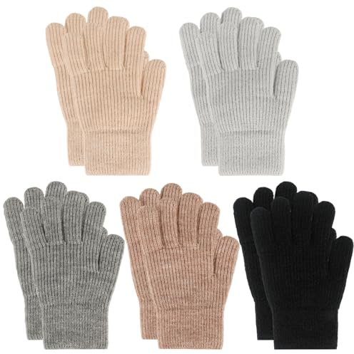 QKURT 5 Paare Warme Kinder Strickhandschuhe Elastische, Winter Kinder Gestrickte Handschuhe, Vollfinger Magic Stretch Handschuhe für Kinder 6-10 Jahre Mädchen & Jungen