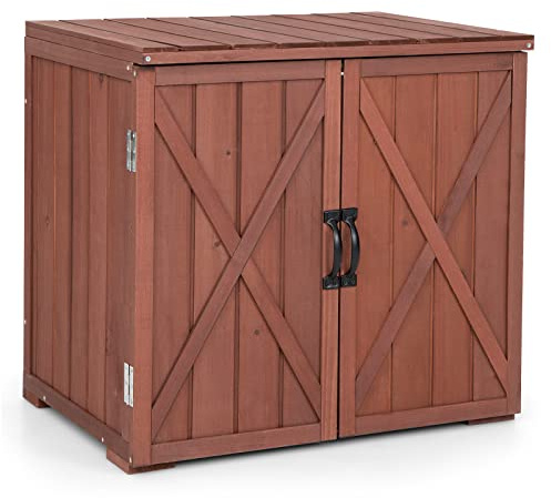COSTWAY Gartenschrank Holz, Outdoor Schrank 77 x 56 x 72 cm, Geräteschrank mit Doppeltüren & Griffen, Gerätehaus Geräteschuppen Garten, Balkonschrank Terrassenschrank, Braun