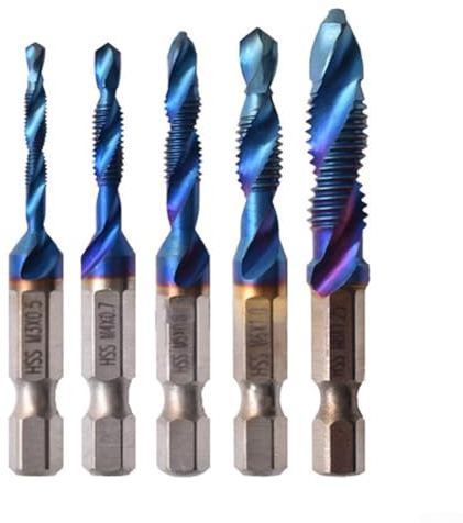 Bohrergewindebohrer Bits Set für M8 metrische Schraubgewinde, 5-teilig für HSS Maschinenverbindung mit 1/4 Zoll Sechskantschaft, Spiralnuten für reibungsloses Gewindeschneiden und Bohren