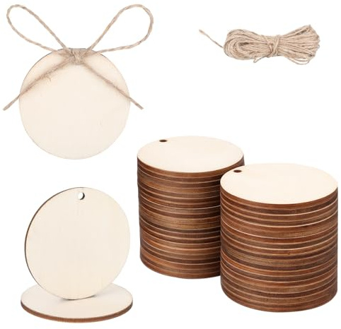 cobee 50 Stück Runde Holzscheiben, 5cm Holzscheiben Mit Loch Zum Basteln Kleine Holzplatten Mini Baumscheiben Deko Für Diy Projekte Hochzeit Feiertagsdekoration | Blanko-Holz-Kreisausschnitte zum Bemalen, Beizen, Untersetzer, DIY, Heimdekorationen