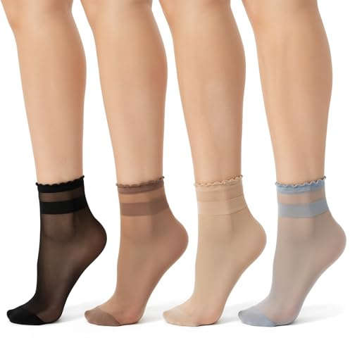 8 paia di calze in nylon da donna, trasparenti con volant, ultrasottili calze a tinta unita alla caviglia, calze in seta trasparenti invisibili con elastico, calze corte trasparenti (4 colori)
