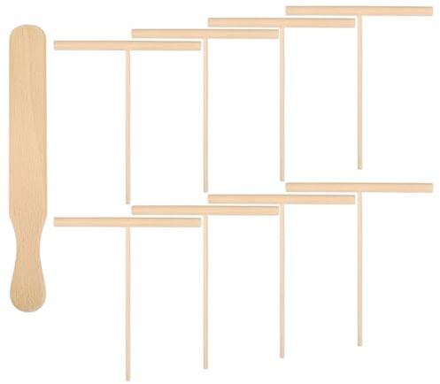 SEWACC Wooden Crepe Spreader Spatula Set, Medium Pancake Cooking Utensils 1 Rake and 8 T-shaped Handles, Omelette Breakfast Maker for Griddle and Skillet Use