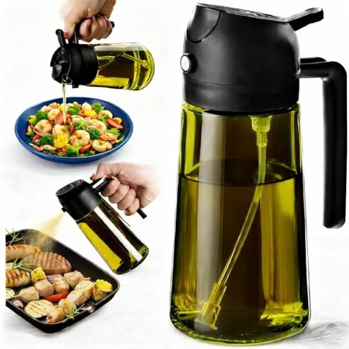 2-in-1 Oil Sprayer and Dispenser Bottle – 470 ml/16oz Glass Olive Oil Spray Bottle with Light-Blocking Design, Cooking Oil Sprayer for Air Fryer, Salad, BBQ & Kitchen
