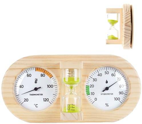 Sauna Thermometer - 15-Minute Countdown Hygrometer Measuring Device, Wooden Later wall-mountable Sauna Temperature Monitor - for Indoor Spaces, Home, Workplace(Green)