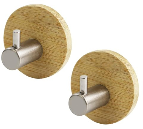EUGENEKELLY 2 Stück Holz Bambus Handtuchhaken 304 Edelstahl Bambus Haken Wasserfeste Klebehaken Wand Handtuchhalter Holz Selbstklebende Haken für Wohnzimmer Küche Badezimmer Schlafzimmer