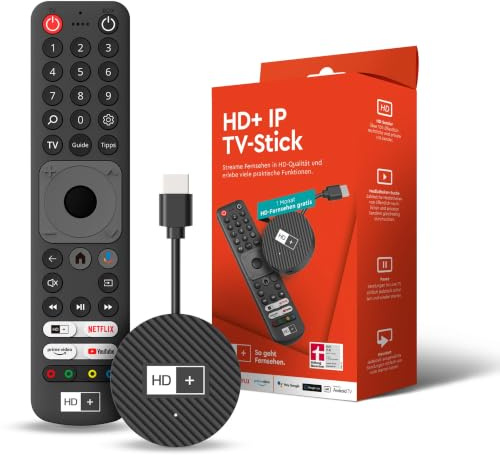 HD+ IP TV-Stick Streaming Stick für Fernseher (Android TV) Live-TV | über 100 HD-Sendern | Mediatheken-Suche, Pause & Neustart | Zugriff auf Streaming-Apps | inkl. 1 Monat HD Plus Classic | HDMI