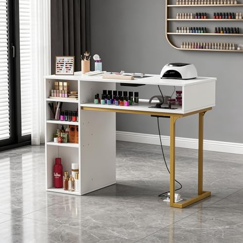 MSFE Table Manucure avec Aspirateur,Table Onglerie Professionnel en Bois avec Tiroirs & Étagère,T-Able de manucure avec Prises électrique Bureau Prothésiste Ongulaire pour Salon de Beauté 110x50x81CM