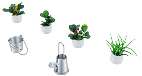 Riuulity 4 Pezzi Piante Artificiali in Miniatura, Finti Ornamenti Verdi con Annaffiatoio per Decorazione Giardino Fatato