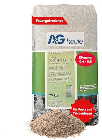 A&G-heute Min2C Pool Filtersand 25kg | Körnung 0,4-0,8 Poolfilter Teichfilter Pumpe Aquarium | Quarzsand für Sandfilteranlagen | Feuergetrocknet Natur | Hochwertig für kristallklares Poolwasser