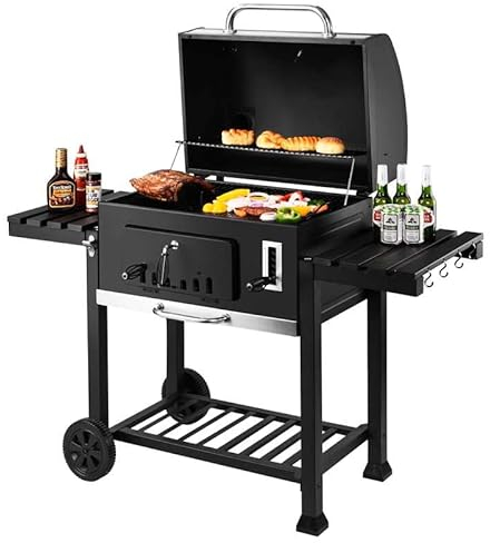 XXL Charcoal BBQ Grill - Includes two Foldable side tables Charcoal BBQ – Barbecue with Warming Rack, Adjustable Height, Temperature Gauge, Ash Tray, Storage Shelf, Wheels