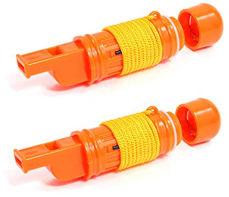 SE 5-in-1 Orange Survival Whistle with Compass, Signaling Mirror, Lanyard, and Fire Starter - 112dB, 4.5-Inch Length - Ideal for Hiking, Camping, Emergencies (2-Pack) - CCH5