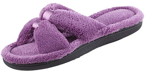 isotoner Women’s Indoor/Outdoor Slip-on Microterry X-Slide Slippers with Satin and Memory Foam Comfort , Ultraviolet, 8-9