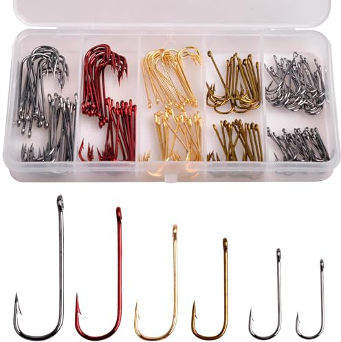 Aberdeen Fishing Hooks Kit, 150pcs Long Shank Barbed Aberdeen Hooks Light Wire Fishing Hooks High Carbon Steel Live Bait Hooks for Crappie Panfish Crap Trout Bass Saltwater Freshwater